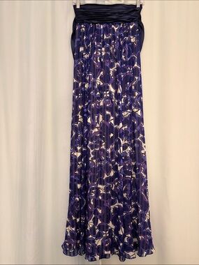 Party Formal Purple Floral Pleated Maxi Silk Dress with tie ribbon